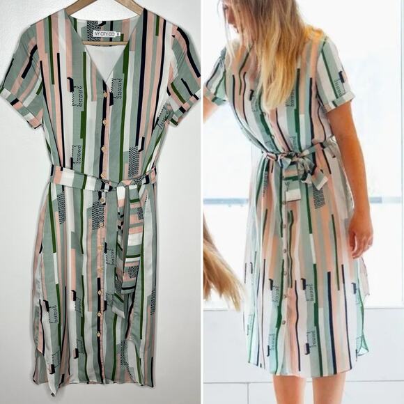 Ivy City Co Dresses & Skirts - Ivy City Co Womens Short Sleeve Shirt Dress XS Green Stripe Tie Belt Pockets